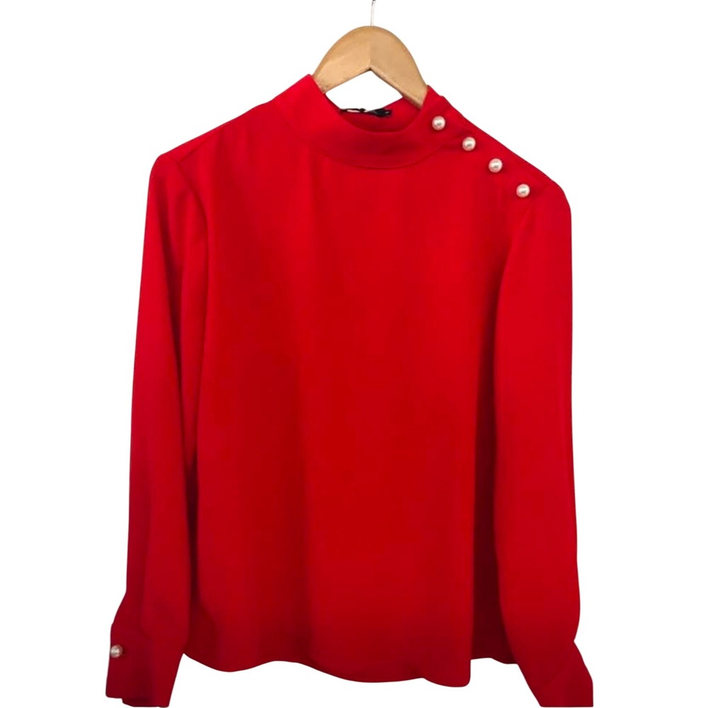 Zara Basic Red Mock Neck Blouse Faux Pearl Shoulder Button Long Sleeve Small‎